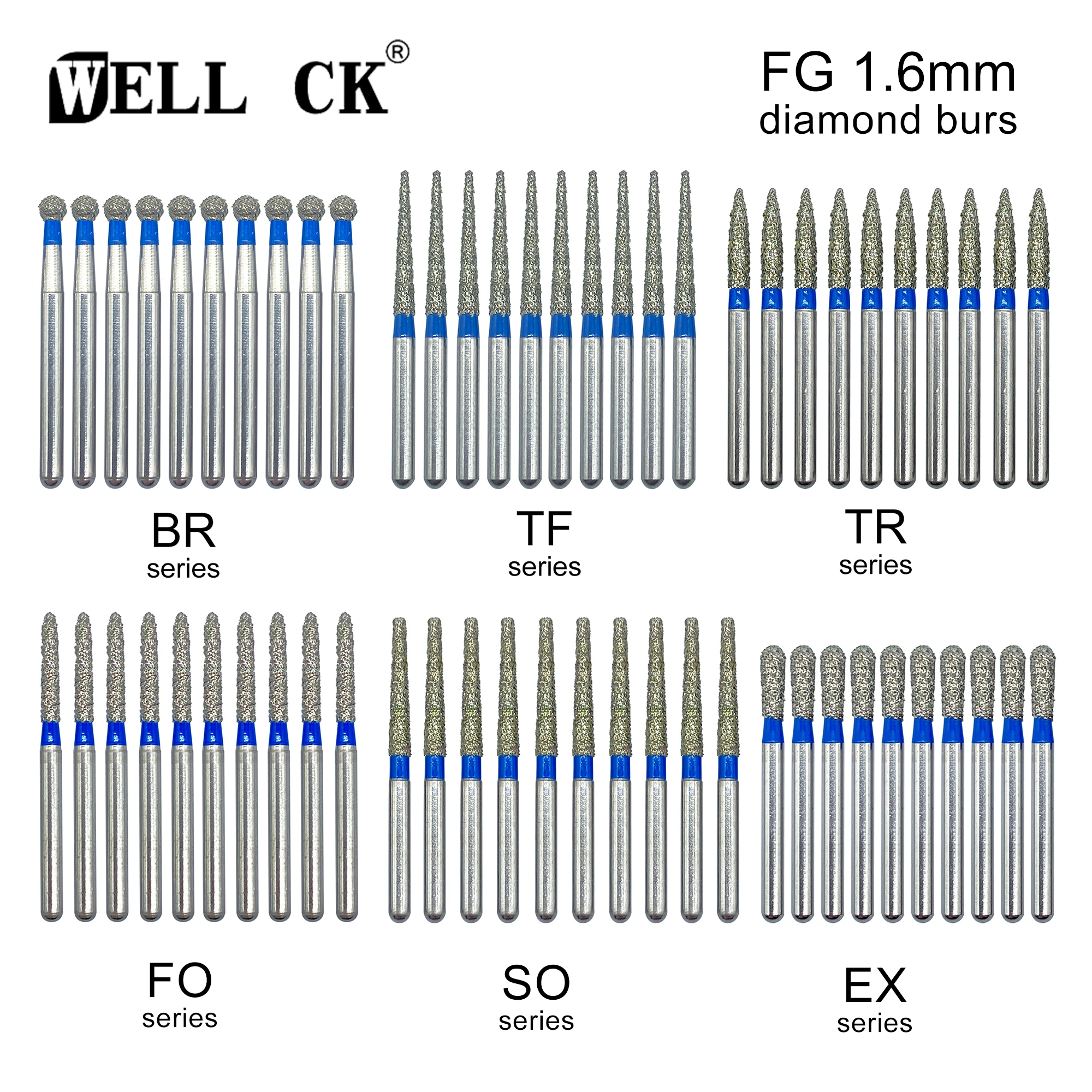 10pcs/pack Wellck Dental Diamond Burs Drill 59 Sizes Fg 1.6mm Bur For
