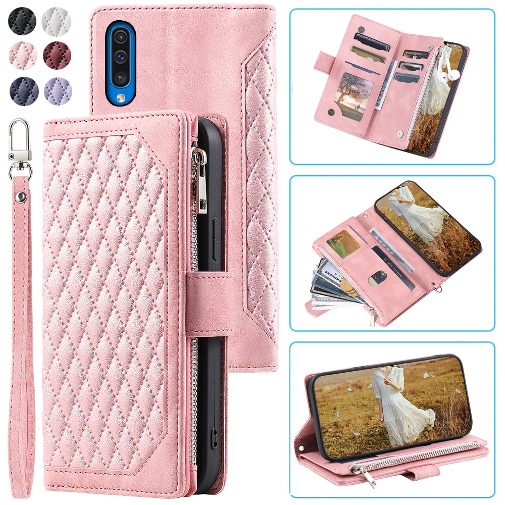 

Fashion Zipper Wallet Case For Samsung Galaxy A30S Flip Cover Multi Card Slots Cover Phone Case Card Slot Folio with Wrist Strap