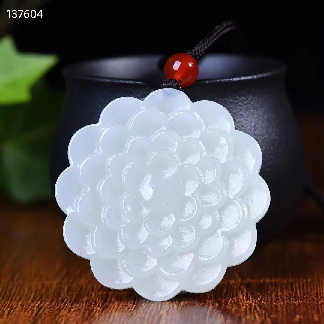 

Natural 100% real green white hetian jade carve Auspicious flower Bless peace pendant jewellery for men women gifts luck