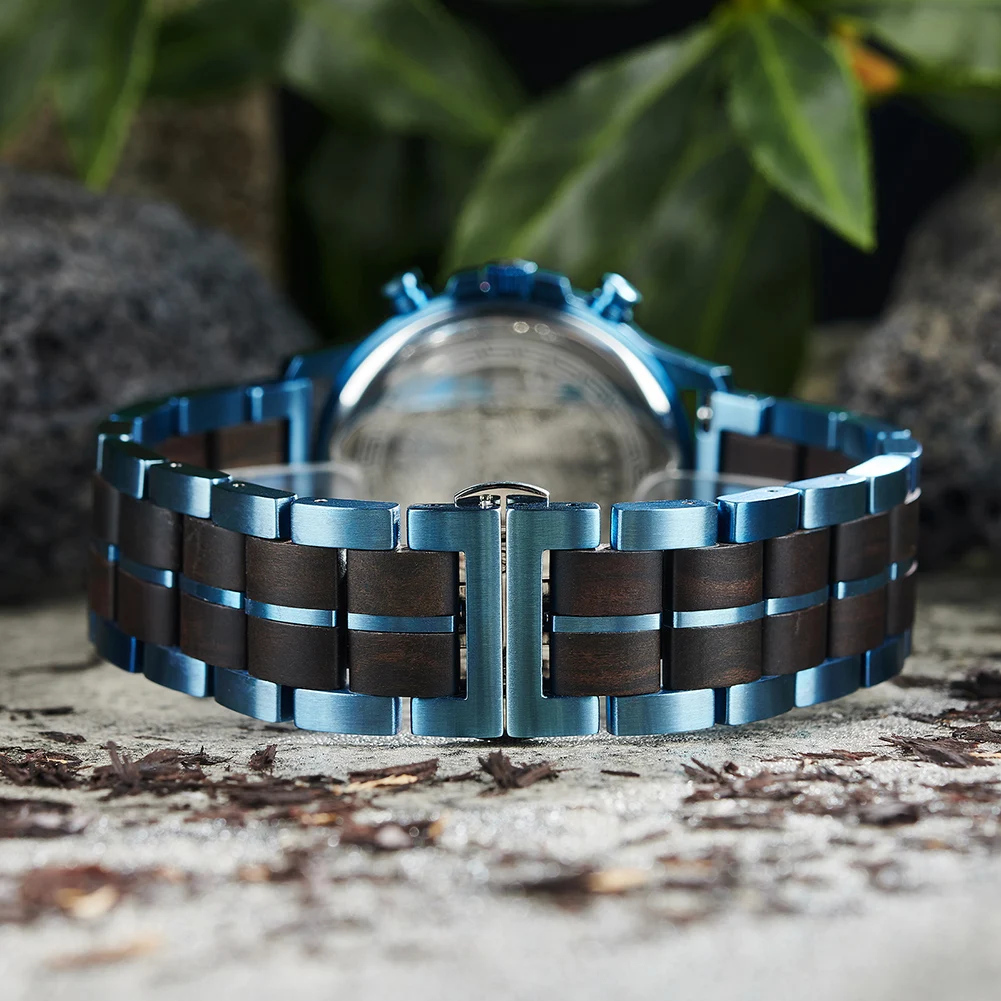 BOBO BIRD Men's Wooden Watch Classic Blue Military Chronograph New Top Quartz Wristwatch Japanese Movement Great Gift Box Custom