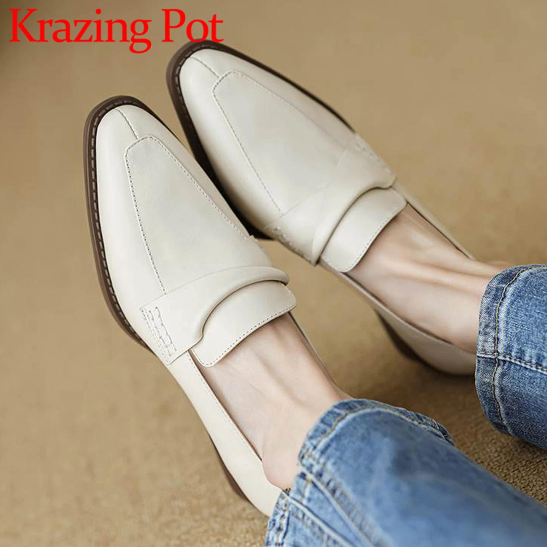 

Krazing Pot Sheep Leather Low Heels Spring Slip On Round Toe Brogues Women Office Lady Luxury Deep Mouth Concise Leisure Pumps