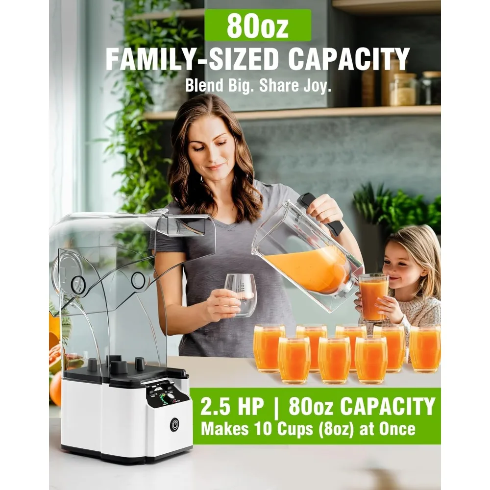 Quiet Blender - Kitchen Blender with Soundproof, 2.5 HP Copper Motor, 80oz Jar, Multifunctional Silent Blenders for Smoothies,