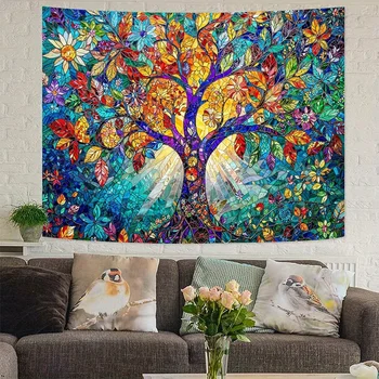 Tapisserie d'arbre colorée, tissu de fond suspendu, tissu mural décoratif de chevet de chambre à coucher, tapisserie de dortoir de location 1