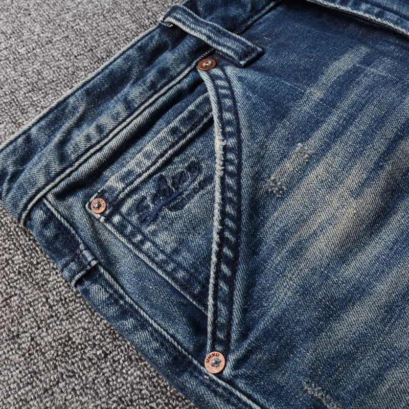 Streetwear Fashion Men Jeans Retro Dark Blue Stretch Slim Fit Spliced Biker Jeans Homme Patched Designer Hip Hop Denim Pants Men