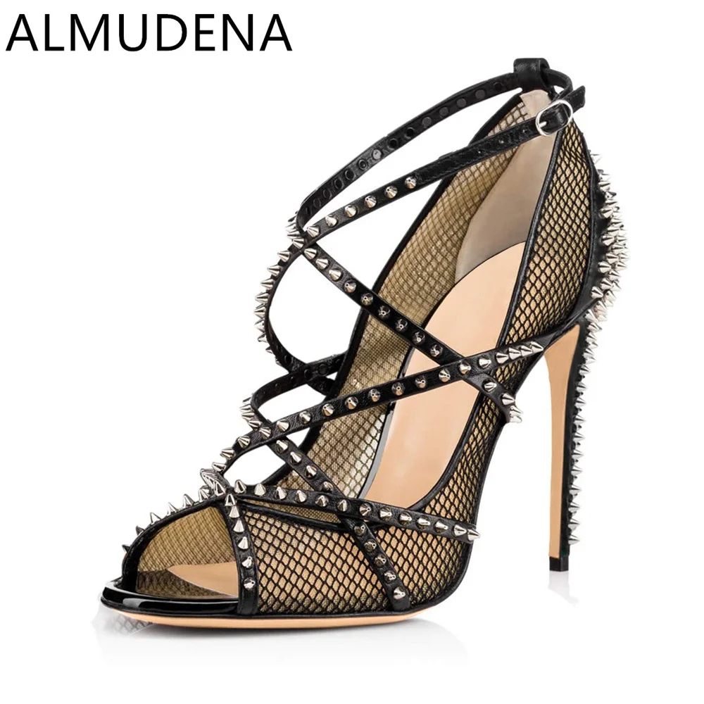 

Peep Toe Stiletto Heel Mesh Rivet Women Sandals Sexy Solid Buckle Ankle Strap Shoes Super High Heel Mature Dress Sexy Sandals