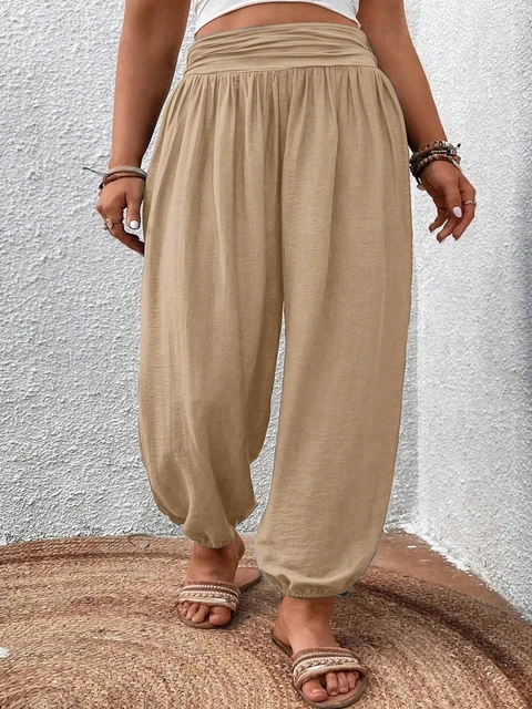 Cheap Summer Wide Leg Pants Women Casual Elastic Waist Plus Size