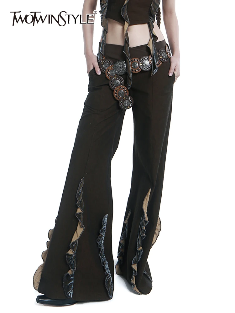 

TWOTWINSTYLE Minimalist Casual Loose Pants For Women High Waist Patchwork Ruffles Temperament Wide Leg Pant Female Fashion New