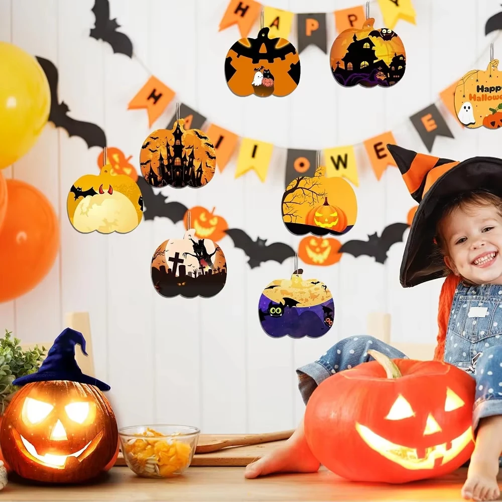 10/20 Stück Holz-Kürbis-Ausschnitte, Halloween-Kürbis-Holzornamente mit Seil, Kürbis-Holz, dekorativ für DIY-Holzspäne – Detail 5