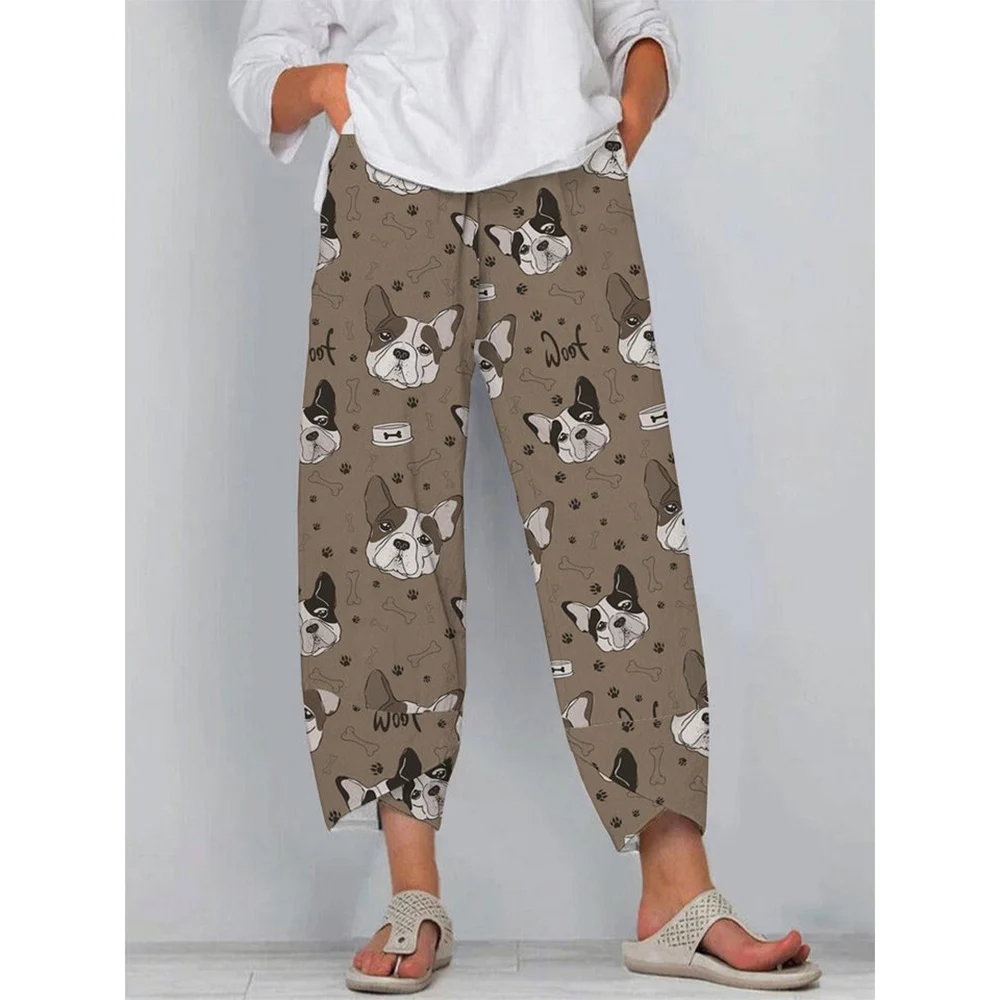 CLOOCL New Women Pants Elastic Waist Trousers with Double Pocket Cartoon Multicolor Dog Pattern Print Ankle-length Pants S-5XL