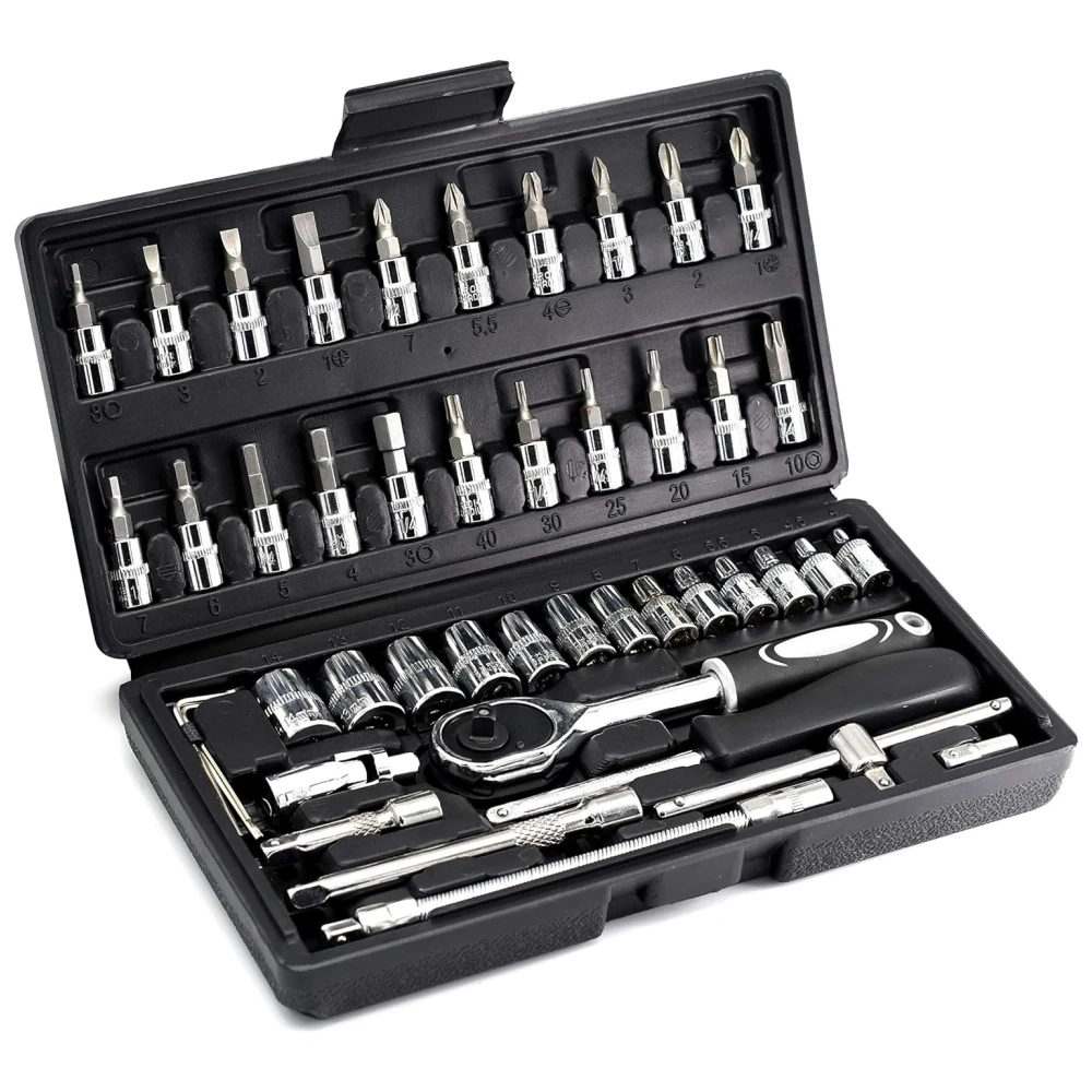 

46PCS 1/4 inch Ratchet Wrench Set with 4-14mm CR-V Sockets S2 Bits Extension Bars Mechanic Tool Kits for Household Auto Repair