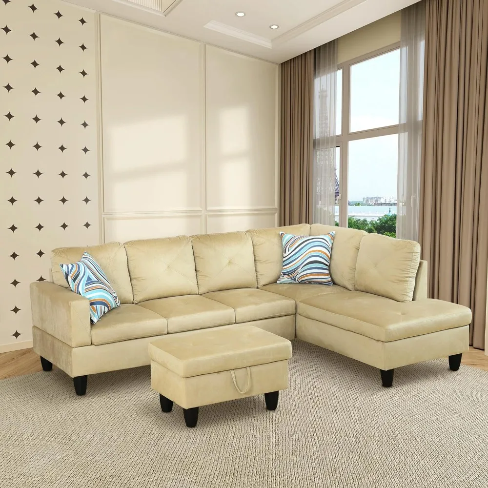 

3-piece set of L-shaped modular sofas in microfiber with left chaise longue and storage ottoman, upholstered sofa with buttons