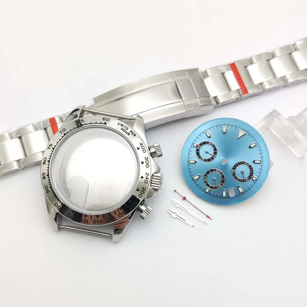 Men's quartz watch set 40 mm, silver-coloured stainless steel case for calibre VK63, various dials, matching bracelets