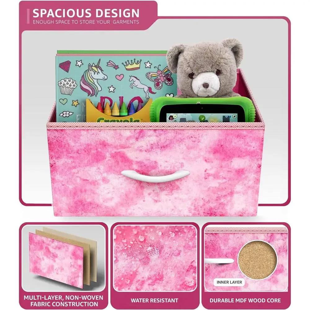5-Drawer Fabric Nursery Organizer Pink Tie-dye Storage Tower Foldable Drawers Steel Frame MDF Wood Children's Playroom Organizer 5