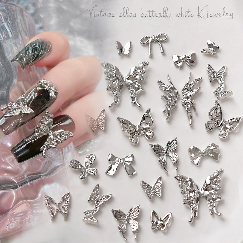 

20pcs Silver Butterfly Nail Charms Decorations Luxury 3D Bow Knot Butterfly Wings Metal Alloy Jewelry Manicure Accessories