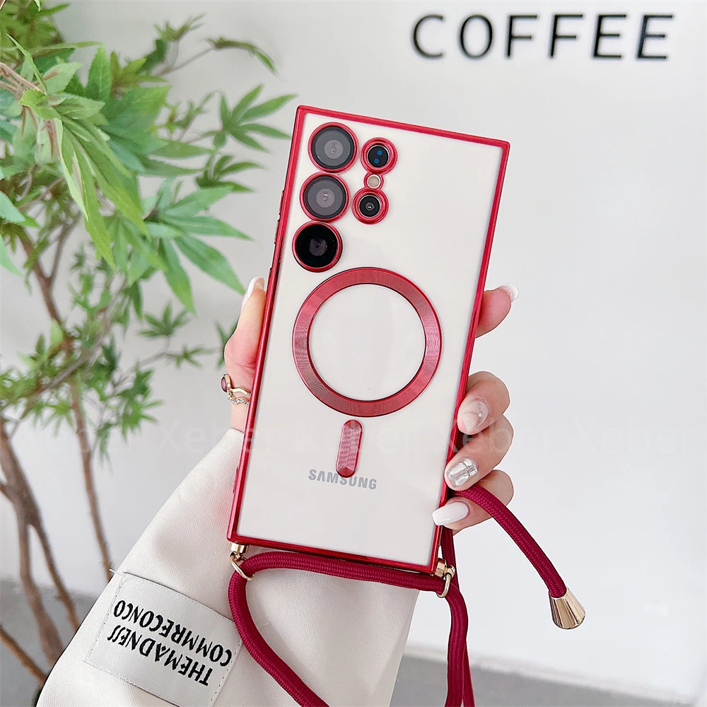 Magnetic Clear Plating Crossbody Necklace Lanyard Case with Lens Glass Cover