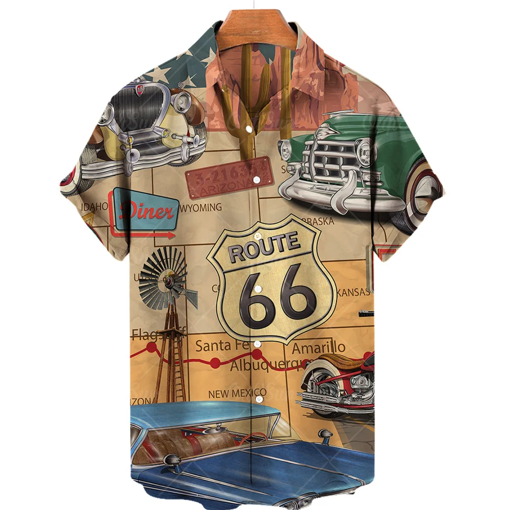Hawaiian New Men's Shirt Route 66 Street Classic 3d Printed Short Sleeve Tee Rock Music Lapel Plus Size Man Top Vintage Clothes 2