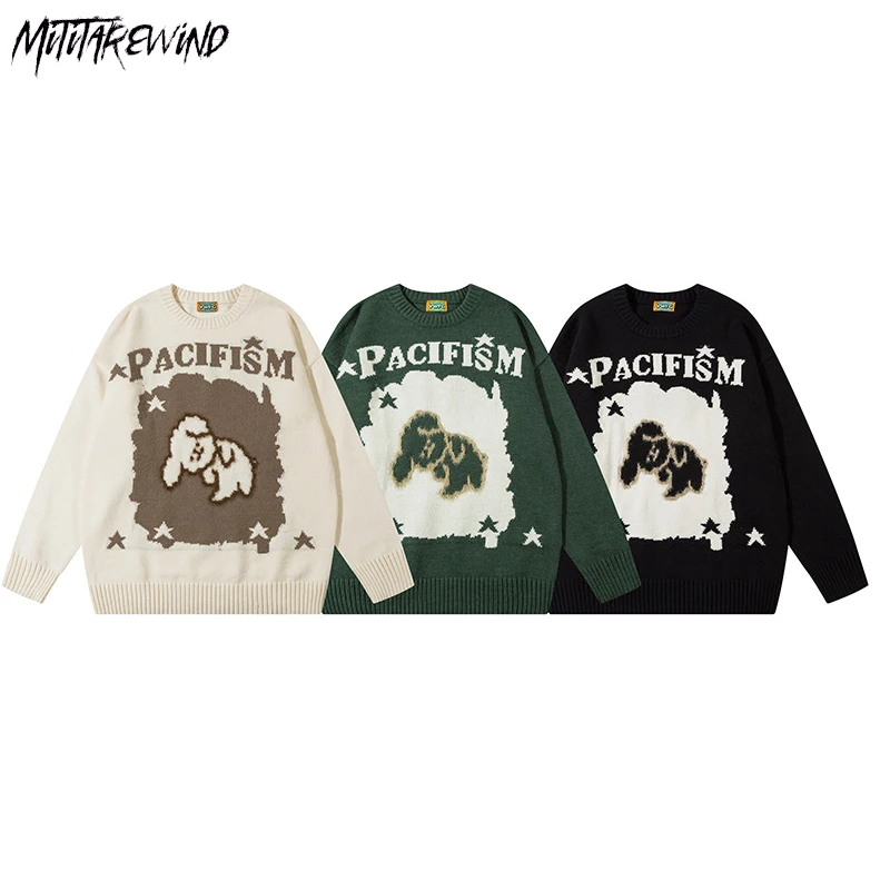 

Vintage Cartoon Print Sweaters Couple Long Sleeve Pullover O Neck Knitwear Casual Streetwear Graphic Korean Style New Sweaters