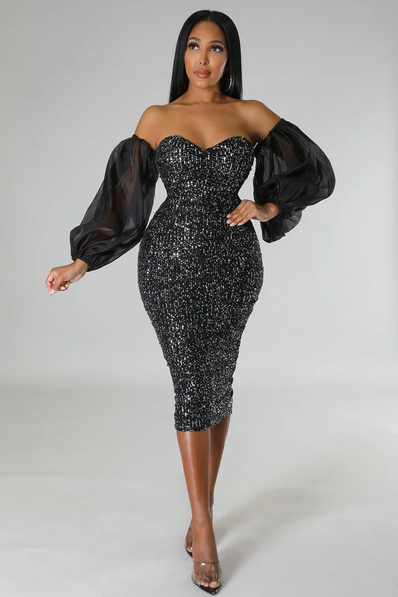 

WUHE Off Shoulder Sequin Bodycon Dress Women Evening Party Night Puff Sleeve Strapless Backless Glitter Sexy Club Dresses