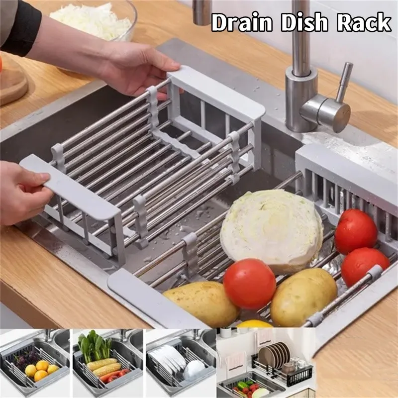 Multifunctional Kitchen Sink Drain Rack Retractable Stainless