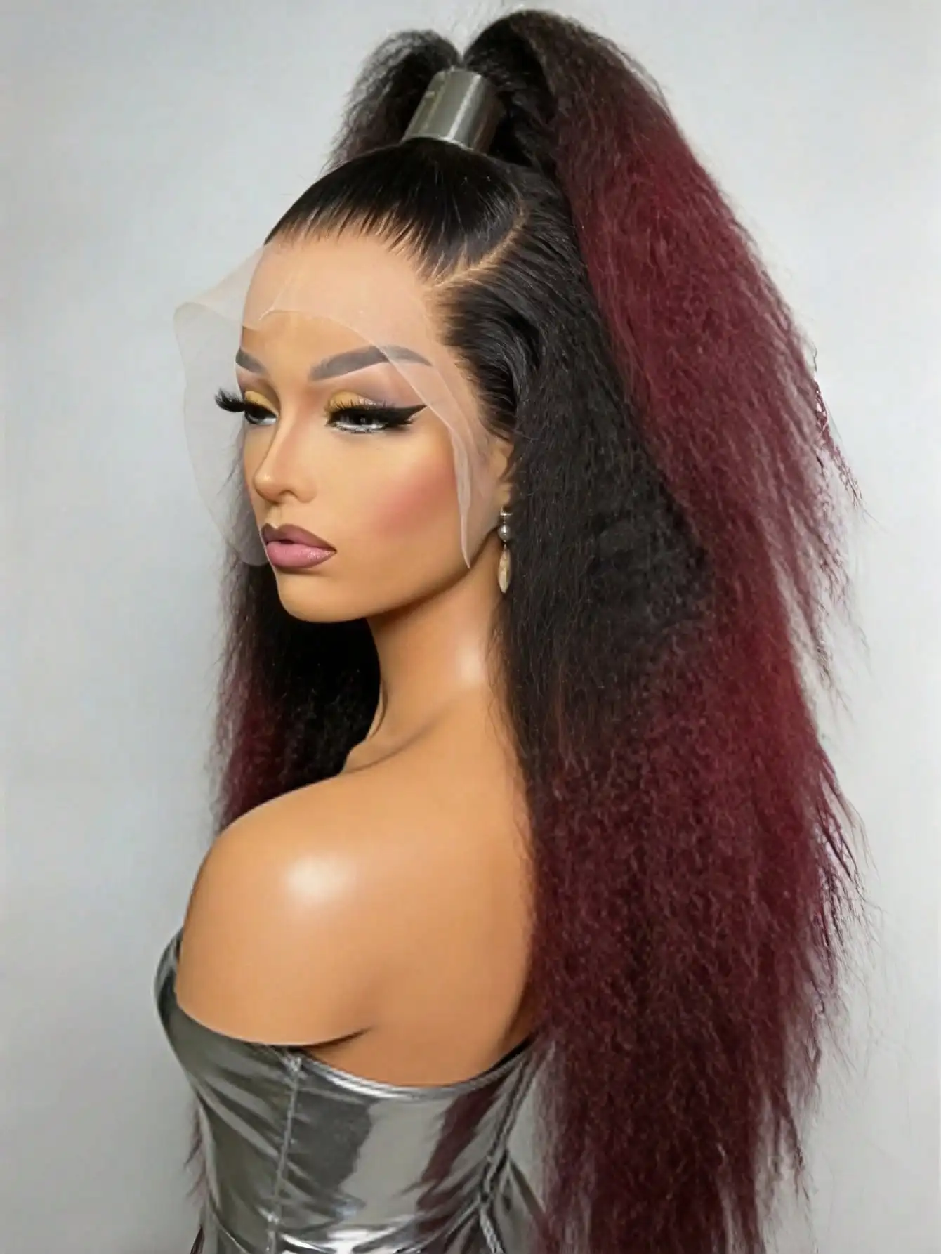 13x4 Kinky Straight 1B 99J Burgundy Colored Human Hair For Women 200% Transparent Lace Front Wig Pre Plucked yaki Straight Wig 4