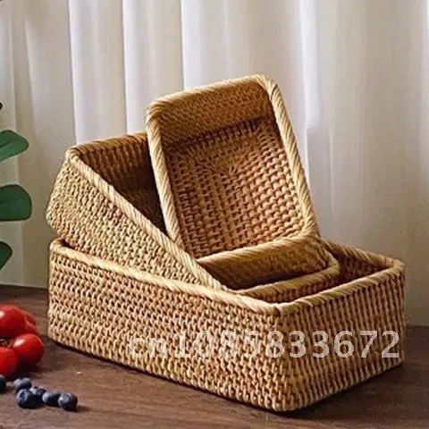 

Wicker Hand-woven Rattan Basket Tea Fruit Snack Bread Basket Cosmetic Rectangular Storage Box Household Kitchen Supplies