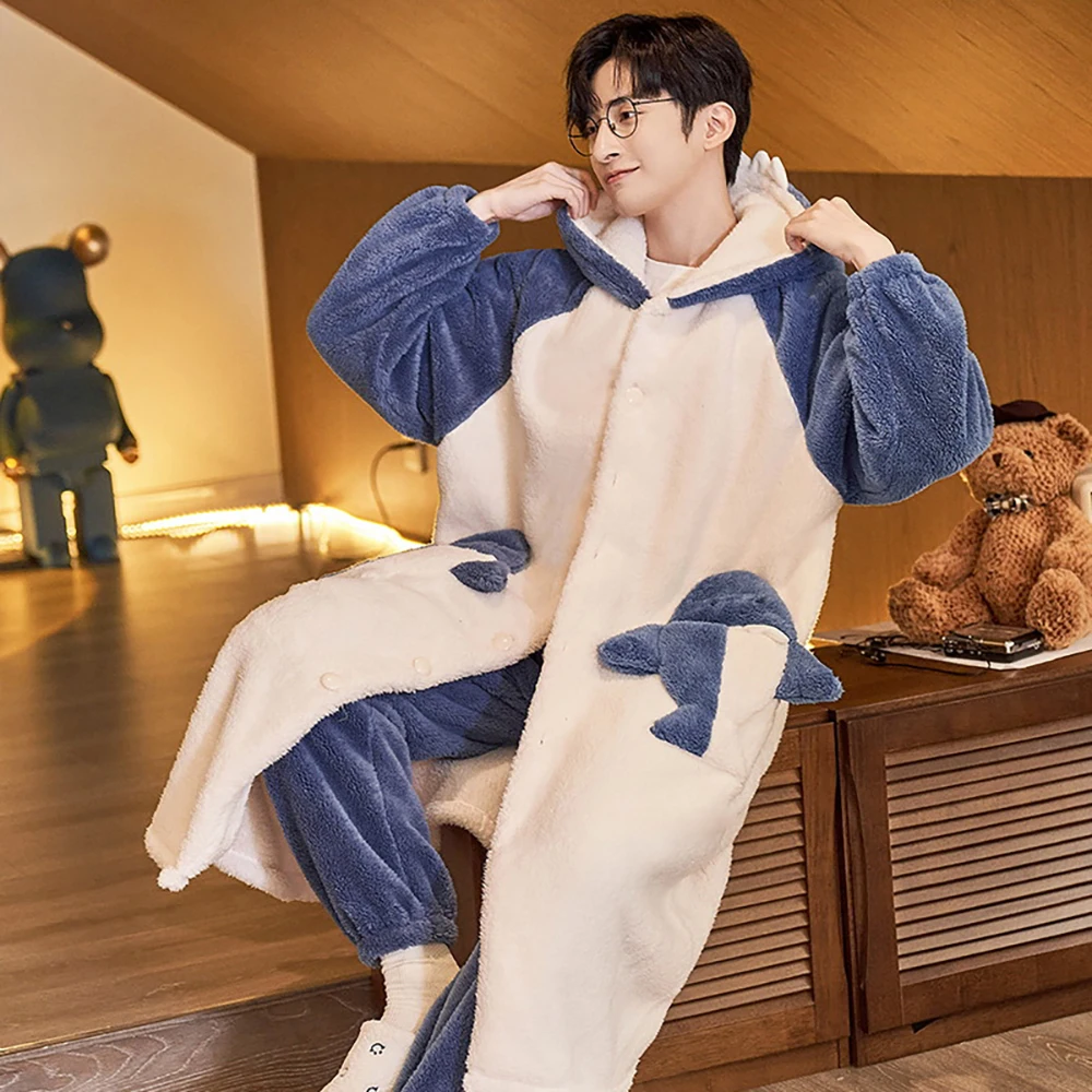 Winter Thicken Flannel Warm Bathrobe Man Set Antistatic Plush Shower Long Robe Cartoon Hooded Kimono Loose Cosy Soft Nightwear