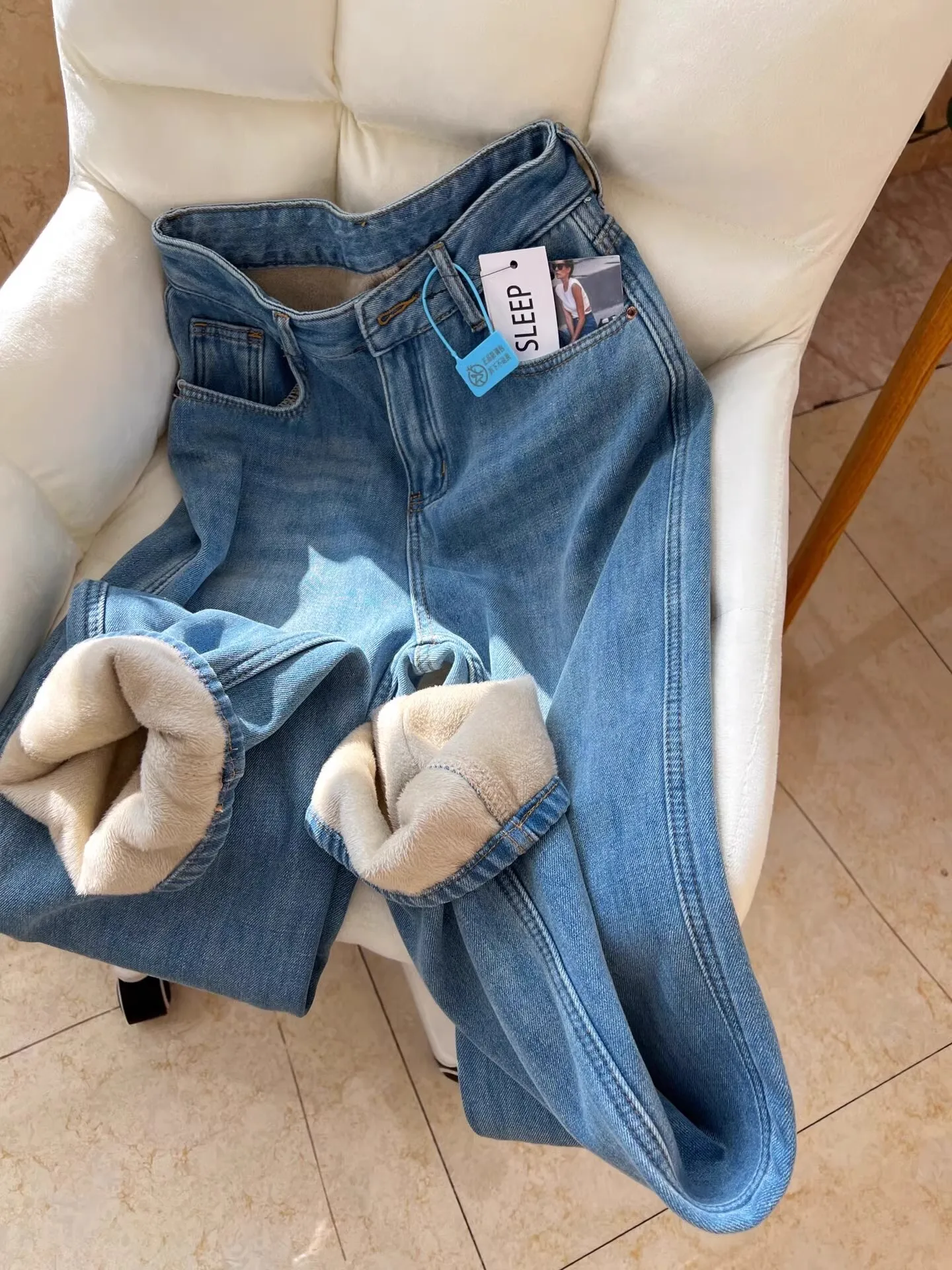 High Waist Fce Lined Thi Straight Leg Jeans Women's Autumn New Sle Loose Slim Wide Leg Pants Floor Length Trousers