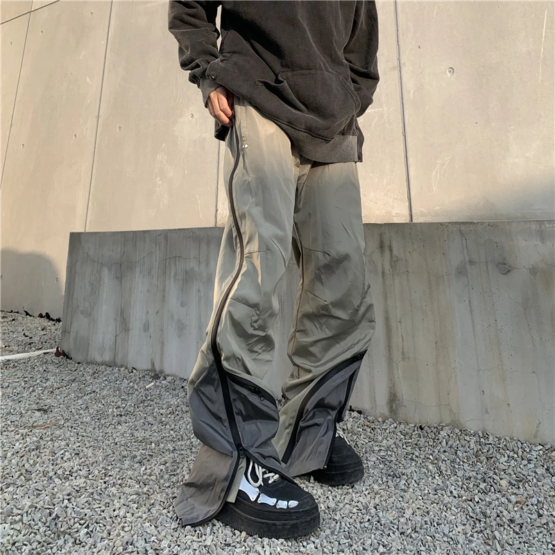 Mens High Street Loose Pants Casual Zipper Open Patchwork Straight Trousers Pants Hip Hop New Fashion Streetwear Jogging Pants