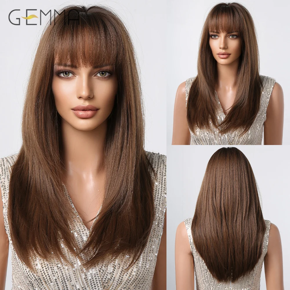 

GEMMA Brown Middle Length Synthetic Wig with Bangs Straight Hair Wig Daily Use Heat Resistant Fibre Cosplay Party Wigs for Women