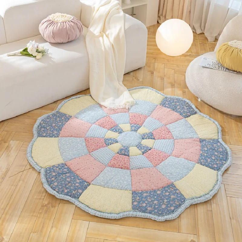 Handmade Patchwork Cotton Quilted Carpets for Living Room, Floral Style, Round Carpet Bedroom, Non-Slip Floor Mat, Bedside Rugs 2