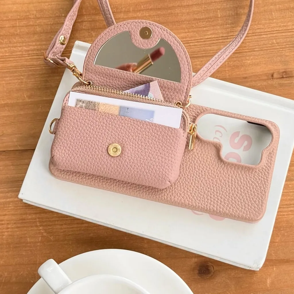 Crossbody Lanyard Phone Case with Mirror Zipper Card Holder and Shockproof Cover