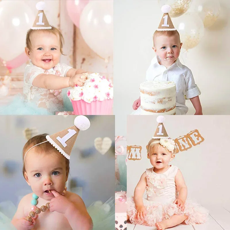 Burlap Hat Baby First Birthday Party Linen Felt Hat 1st 2th 3th Years Kids Baby Shower Hat Birthday Headband Decor Photo Props