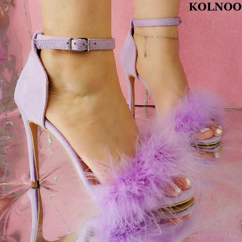 

Kolnoo New Style Handmade Ladies High Heels Sandals Faux-fur Summer Real Photos Sexy Shoes Evening Party Fashion Hot Sale Shoes