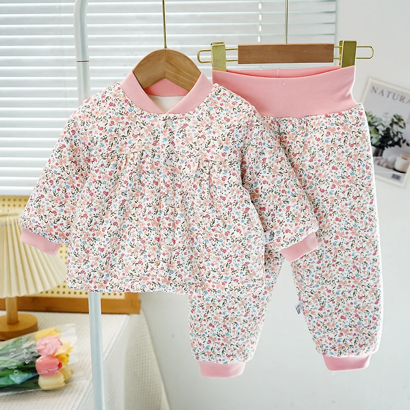 Baby Girsl Winter Coat Suit Clothes Floral Outfit Set Children's Outerwear Jacket Tops +Pants 2PC 0-8Yeas