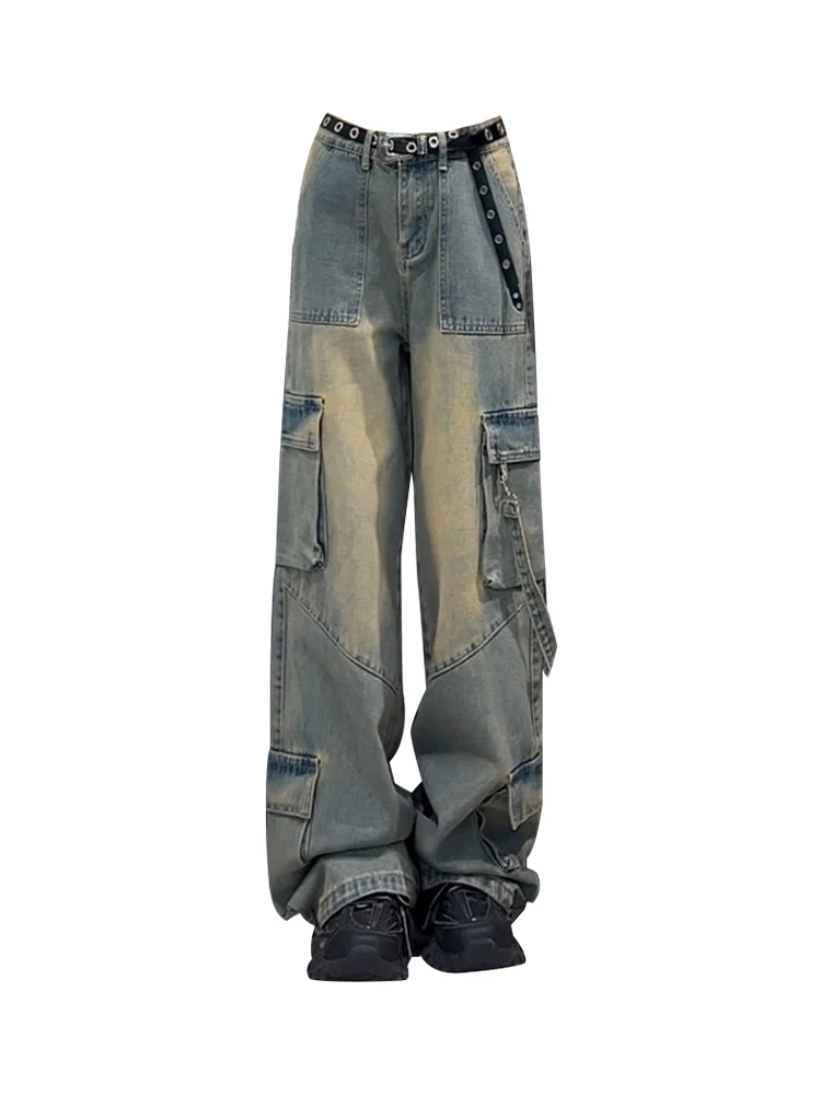 

Women's Blue Y2k Cargo Jeans Baggy Harajuku Aesthetic Denim Trousers High Waist Jean Pants Vintage 2000s Trashy Grunge Clothes