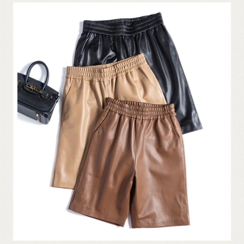 

Женские шорты в европейском стиле из 100% натуральной овечьей кожи, модные шорты из 2023 натуральной овечьей кожи с эластичным поясом, H504