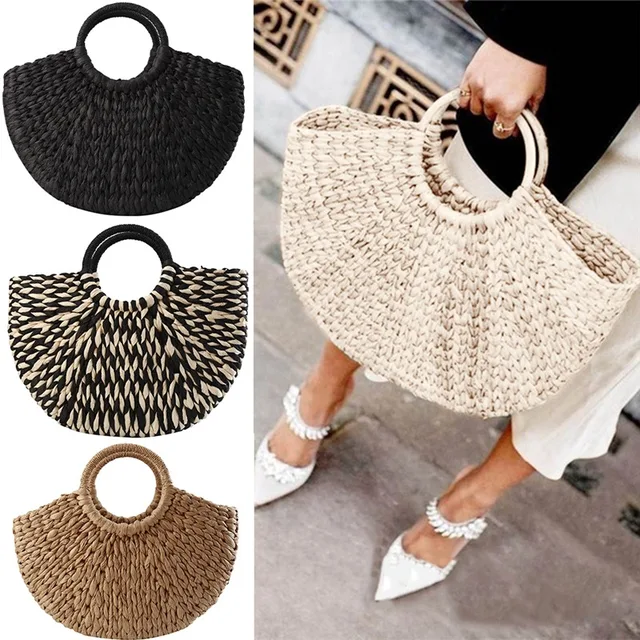 Moon Shaped Woven Straw Beach Bag - Handmade Summer Tote with Top Handle