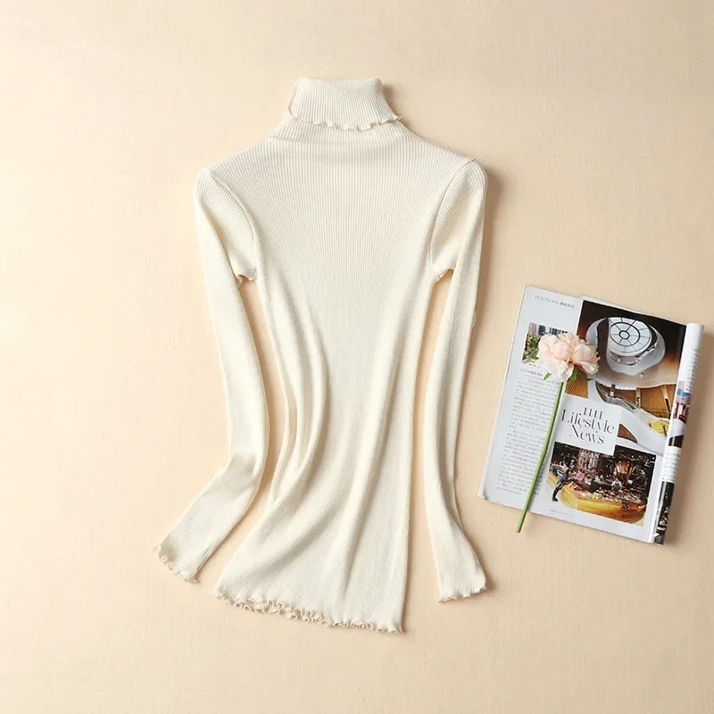 Silk Cotton Sweater Women's Mulberry Silk Cotton Base Sweater High Elastic Slim Seamless Long-sleeved Knit Top Turtleneck 70% Silk + 30% Cotton