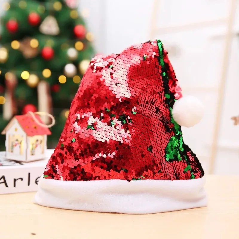 Christmas decoration supplies, double-sided flip sequin hat, colored bead pick, adult dance party, Santa Claus Christmas hat