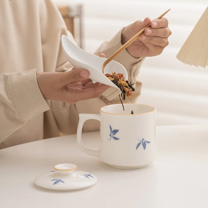 Chinese Style Pattern Ceramic White Porcelain Personal Tea Mugs, Personal Creative With Cover, Milk Water Coffee Cup, 350ml, 1Pc