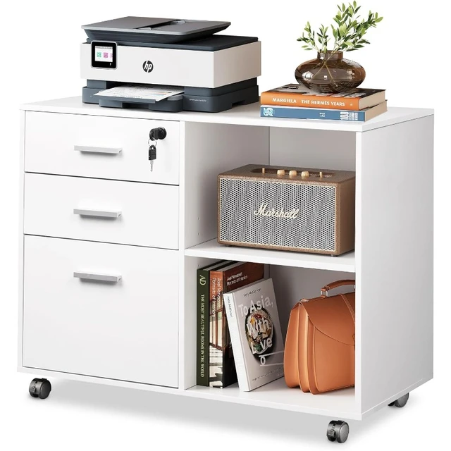 File Cabinet with Lock and Drawer, Mobile Lateral Filing Cabinet Printer Stand with Wheels and Storage Shelves, Black