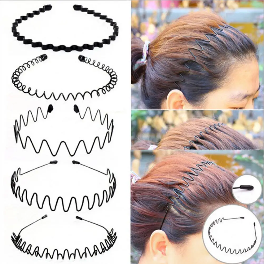 2Pcs Hoop Hair Band Wave Shaped Hairband Face Washing Headdress Unisex Hair Hoop Non Slip Black Metal Spiral Headband Men Women