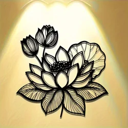 Elegant Black Lotus Sculpture with Berries and Leaves, Premium Hollow Metal Craftsmanship for Home and Garden Decor (Black)