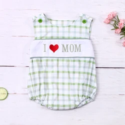 Fashion New Summer Sleeveless Baby Boy Jumpsuit I Love Mom Embroidery Button Decorate Bodysuit Green Lattice One-Piece Clothes