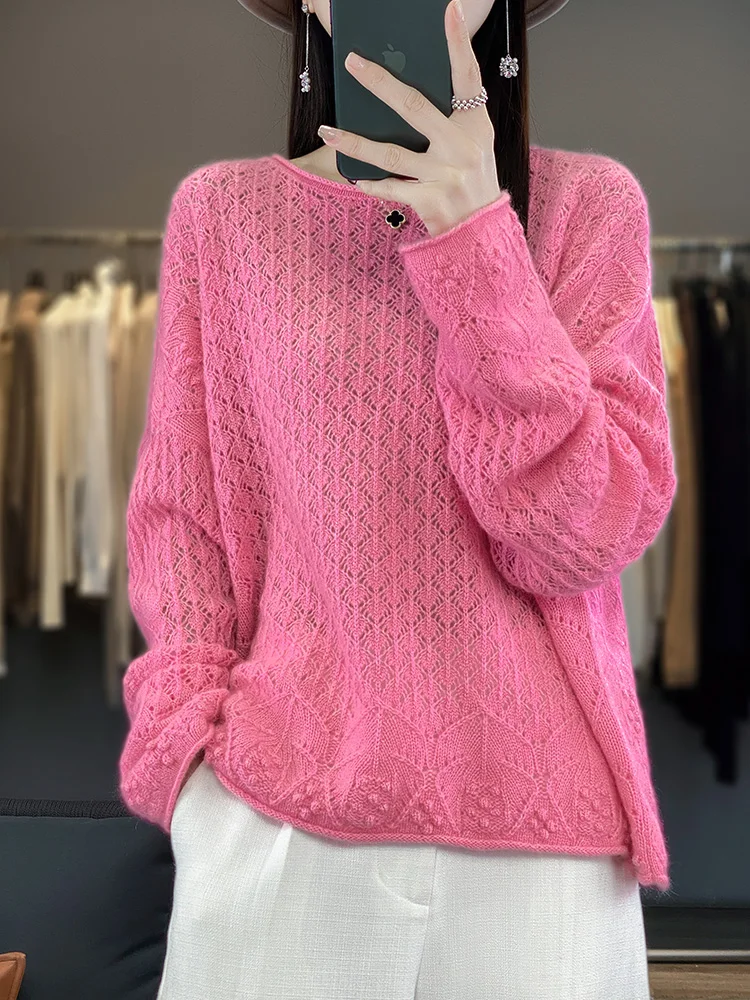 Aliselect Fashion Spring Summer Women Sweater O-neck Pullover 100% Merino Wool Long Sleeve Hollow Out Knitwear Female Clothing