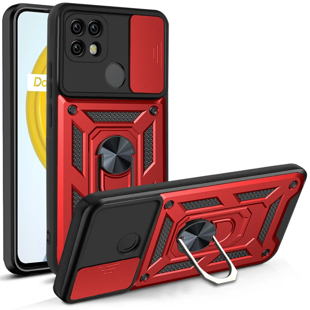 Shockproof Armor Case with Ring Holder and Slide Lens Cover Protection