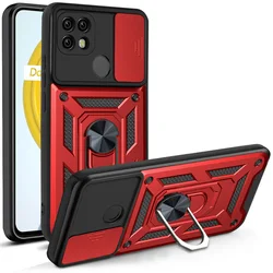 Shockproof Armor Case with Ring Holder and Slide Lens Cover Protection for Realme GT 6T 5G (Red)