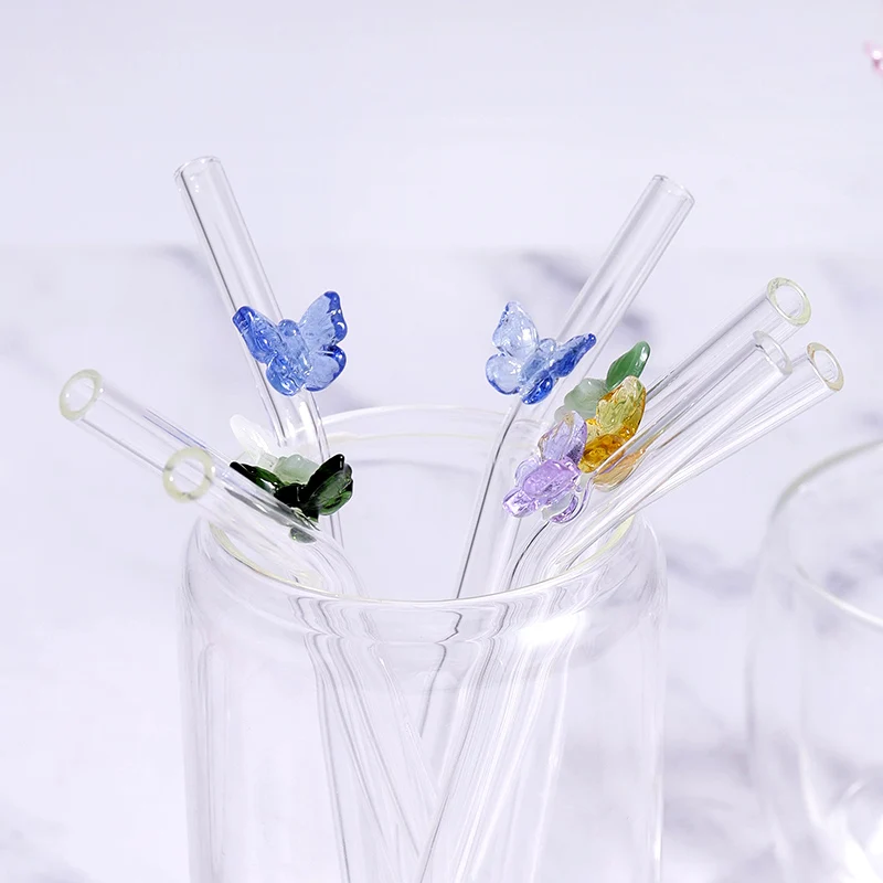 5-Pack Reusable Colored Butterfly Glass Straws with 2 Cleaning Brushes,  Durable Thick Glass Straws, 0.31x7.9 Bent Straws, Perfect for Party