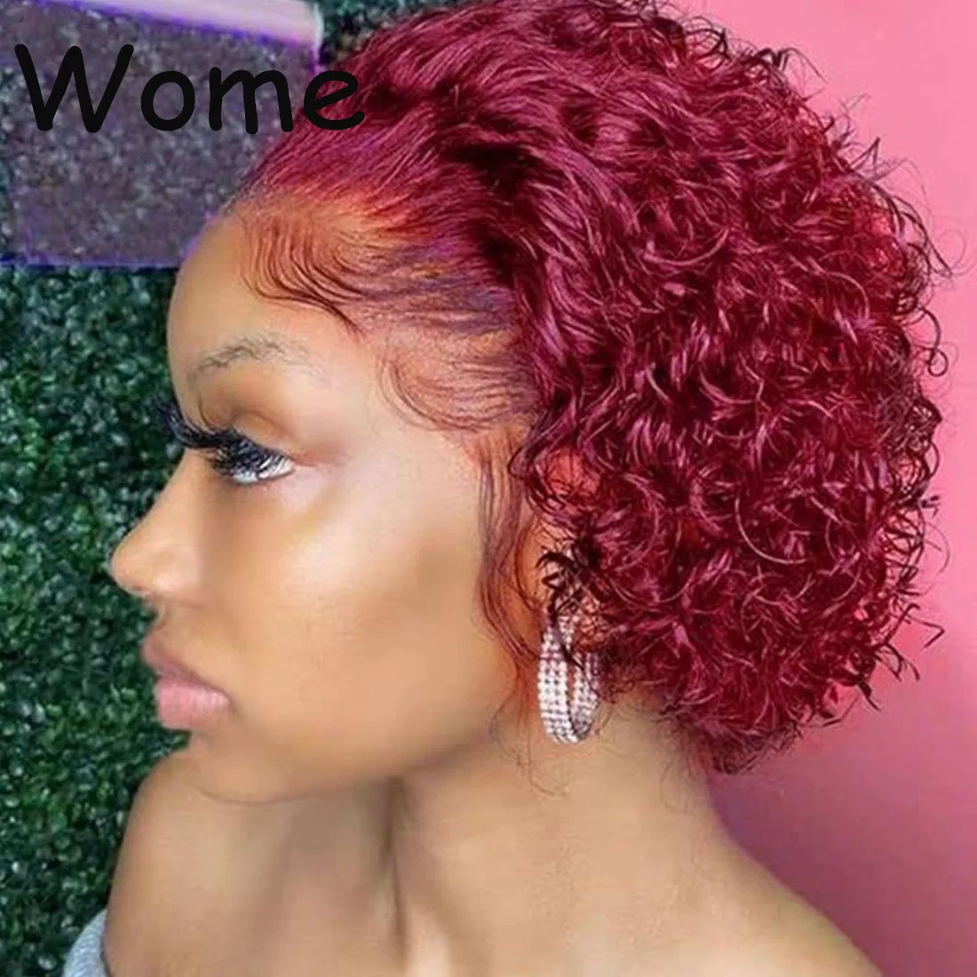 

WOME Red Human Hair Wigs Short Curly Wig Pixie Cut Brazilian Hair Wigs 13x1 Lace Frontal Wig For Black Women