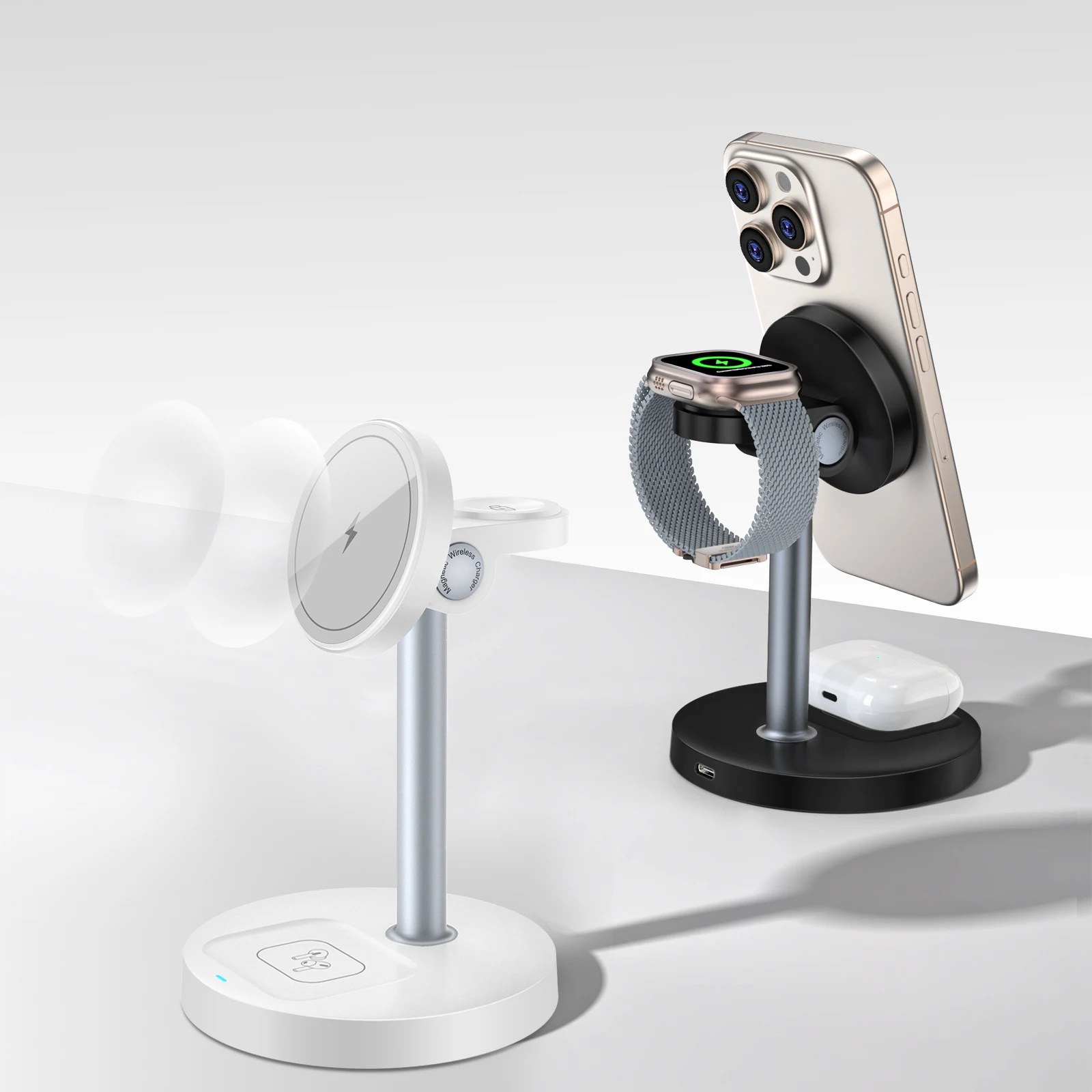 Suporte de carregador sem fio rápido 15W Carregador sem fio magnético 3 em 1 para iPhone 12-16 séries iWatch e AirPods ângulo ajustável